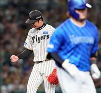 　８回、戸柱を空振り三振に仕留め拳を握る才木（撮影・立川洋一郎）