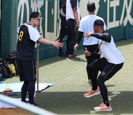 　デュプランティエ（右）とバッティングの話をする佐藤輝（撮影・立川洋一郎）