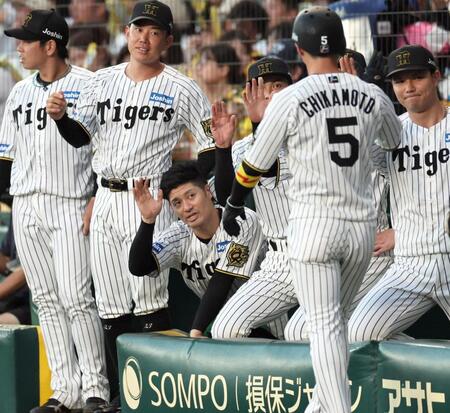 　２回、生還した近本を迎える坂本（撮影・田中太一）