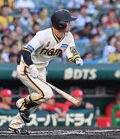 　１回、左前打を放つ近本（撮影・西田忠信）