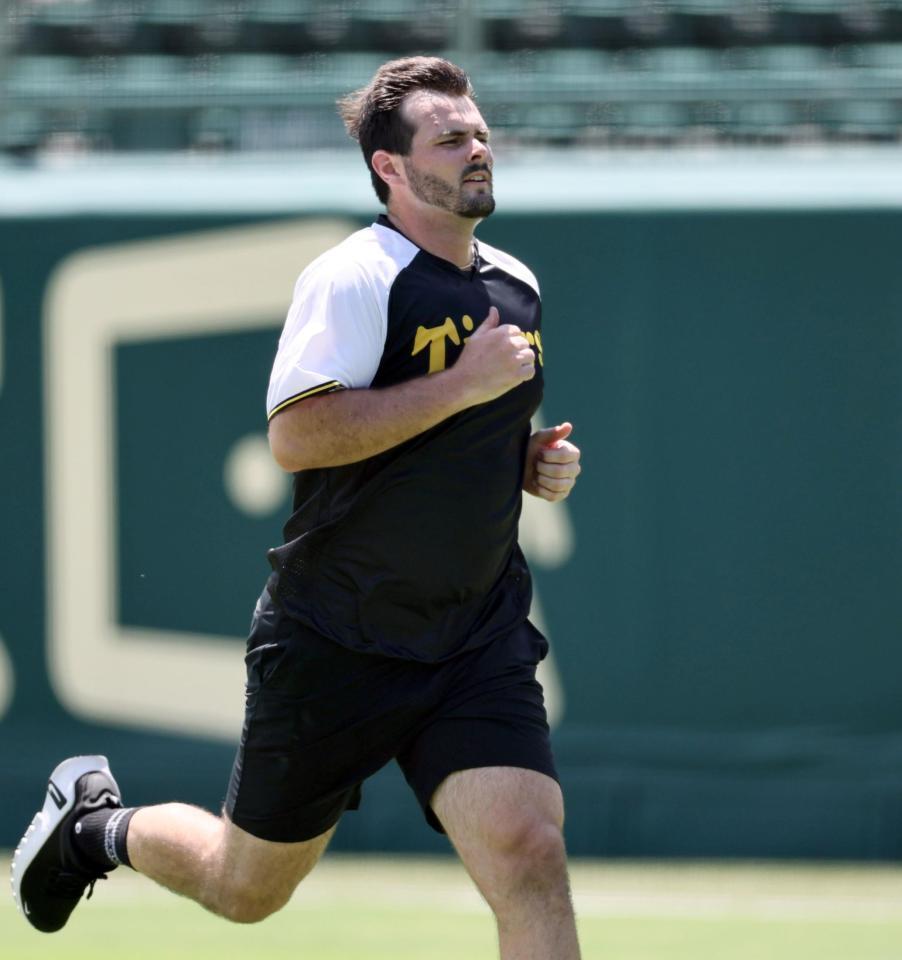 　会見前、グラウンドに出て汗を流すハートウィグ（撮影・田中太一）