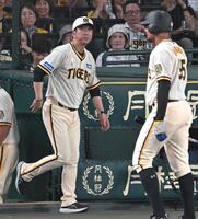 　４回終了後、選手交代のためベンチを出る藤川監督（撮影・飯室逸平）