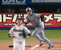 　６回、坂本が中前適時打を放つ（投手・小沢）＝撮影・堀内翔