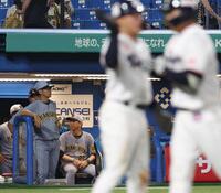 　８回、北村恵に３ランを浴びて厳しい表情の藤川監督（撮影・佐々木彰尚）