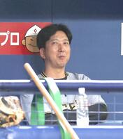 　試合前練習を見る藤川監督（撮影・北村雅宏）