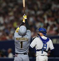 　３回、見逃したボールがストライクとなり、バットを掲げる森下（撮影・田中太一）