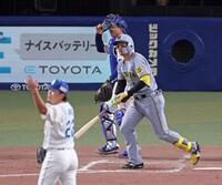 　５回、右飛に倒れる森下（撮影・立川洋一郎）