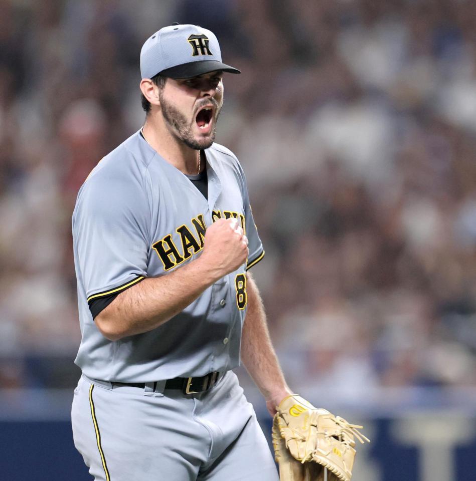 　７回、無失点に抑えたハートウィグは気迫を見せる（撮影・田中太一）