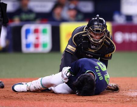 　１２回、死球を受ける太田（撮影・山口登）