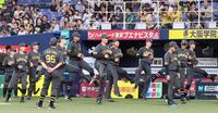 　ベンチ前でウオーミングアップする阪神ナイン（撮影・北村雅宏）
