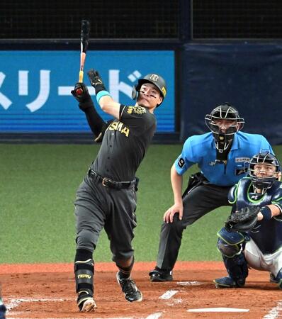 　３回、３１号ソロを放つ佐藤輝（撮影・飯室逸平）