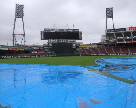 　シートが敷かれたマツダスタジアム（撮影・北村雅宏）