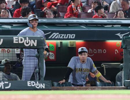 　４回、ベンチからグラウンドを見つめる佐藤輝。左は４番でスタメン出場の前川（撮影・市尻達拡）