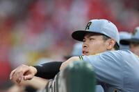 　２回の攻撃をベンチから見る佐藤輝（撮影・北村雅宏）