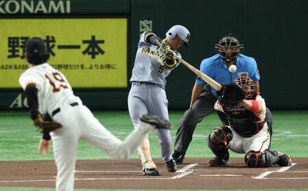 　１回、左前打を放つ近本（撮影・金田祐二）