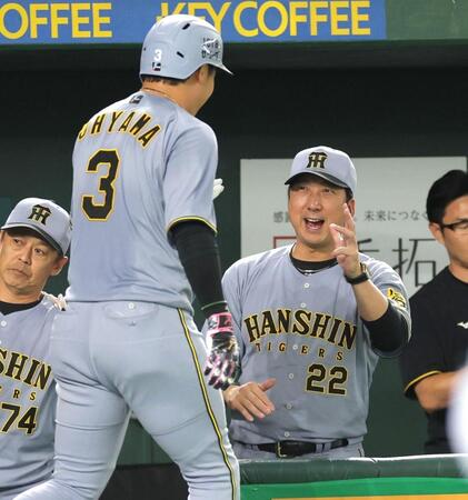 　４回、先制２ランを放った大山（左）を祝福する藤川監督（撮影・西岡正）