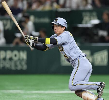 　４回、２点適時打を放つ近本（撮影・田中太一）