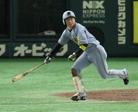 　４回、左前に２点適時打を放つ近本（撮影・金田祐二）