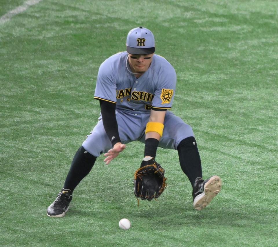 　３回、山崎がバントした打球を処理する三塁手・佐藤輝（撮影・伊藤笙子）