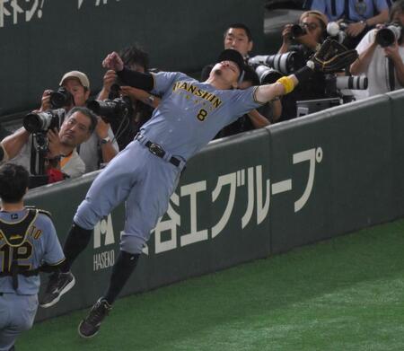 ５回巨人１死、巨人・リチャードの邪飛を好捕する三塁手の阪神・佐藤輝明＝東京ドーム（撮影・伊藤笙子）