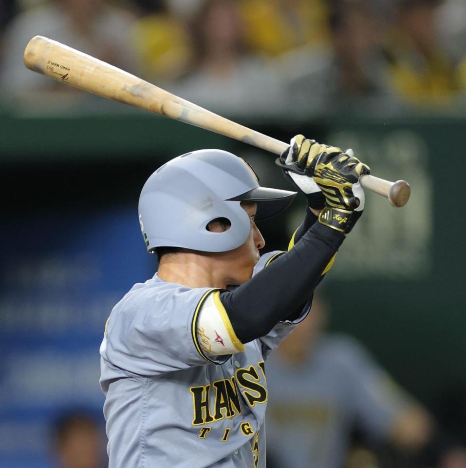 　１回、左前打を放つ近本（撮影・西岡正）