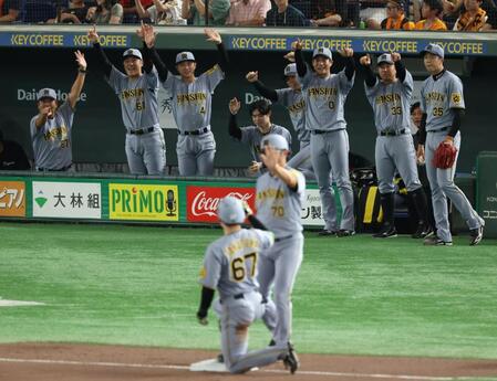 　４回、高寺の先制適時打で盛り上がる才木（右端）ら阪神ベンチ（撮影・金田祐二）