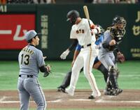 　９回、代打・坂本を空振り三振に仕留め最後を締めた岩崎（撮影・金田祐二）