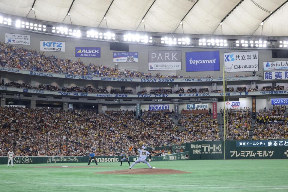 　８回、ファンが注目する中、力投する石井（撮影・西岡正）