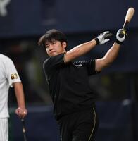 　ロングティーを打つ井坪（撮影・田中太一）