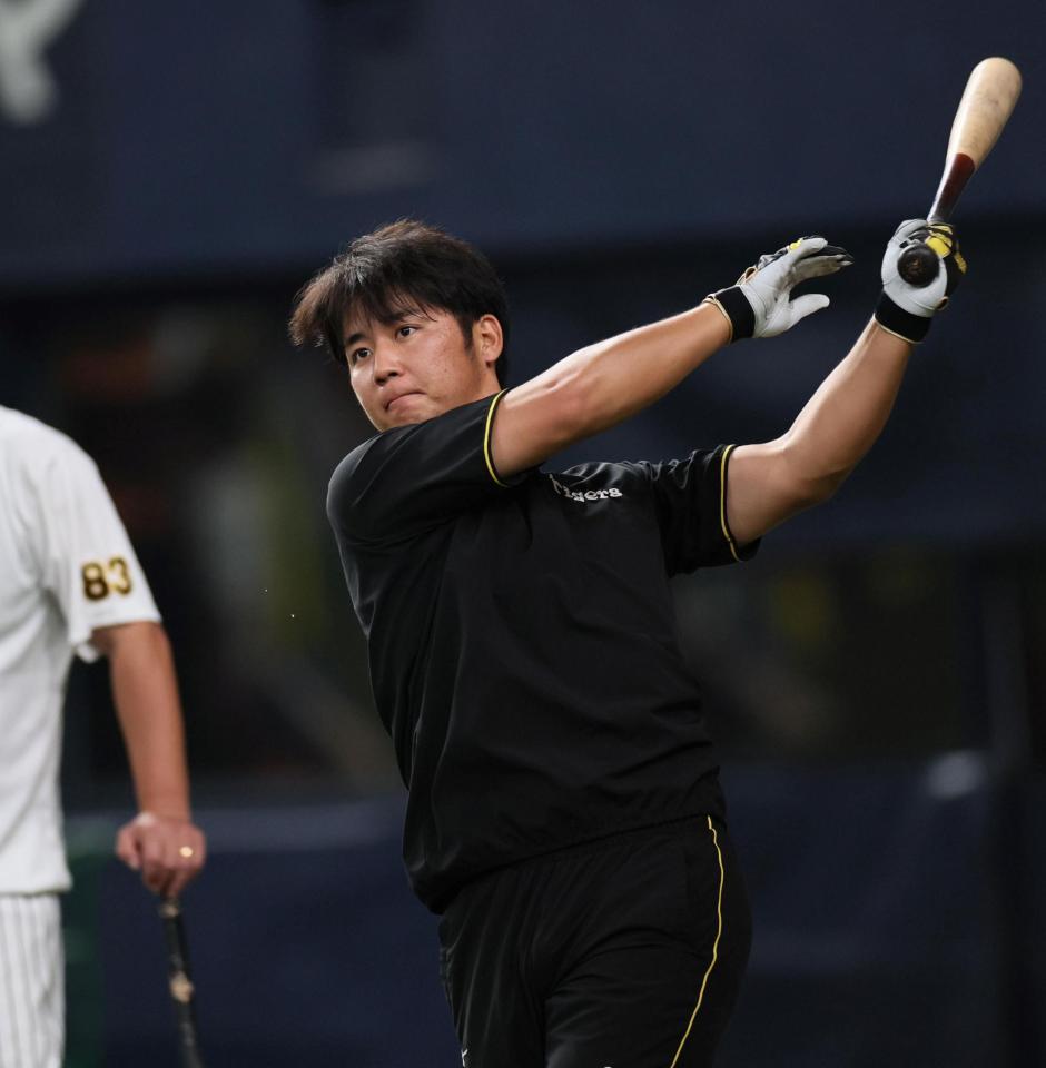 　ロングティーを打つ井坪（撮影・田中太一）