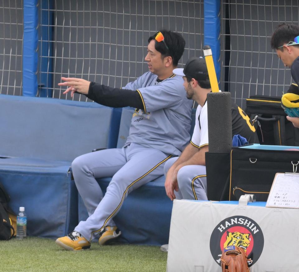 　ブルペン脇でハートウィグ（右）と通訳なしで話す藤川監督＝２２日