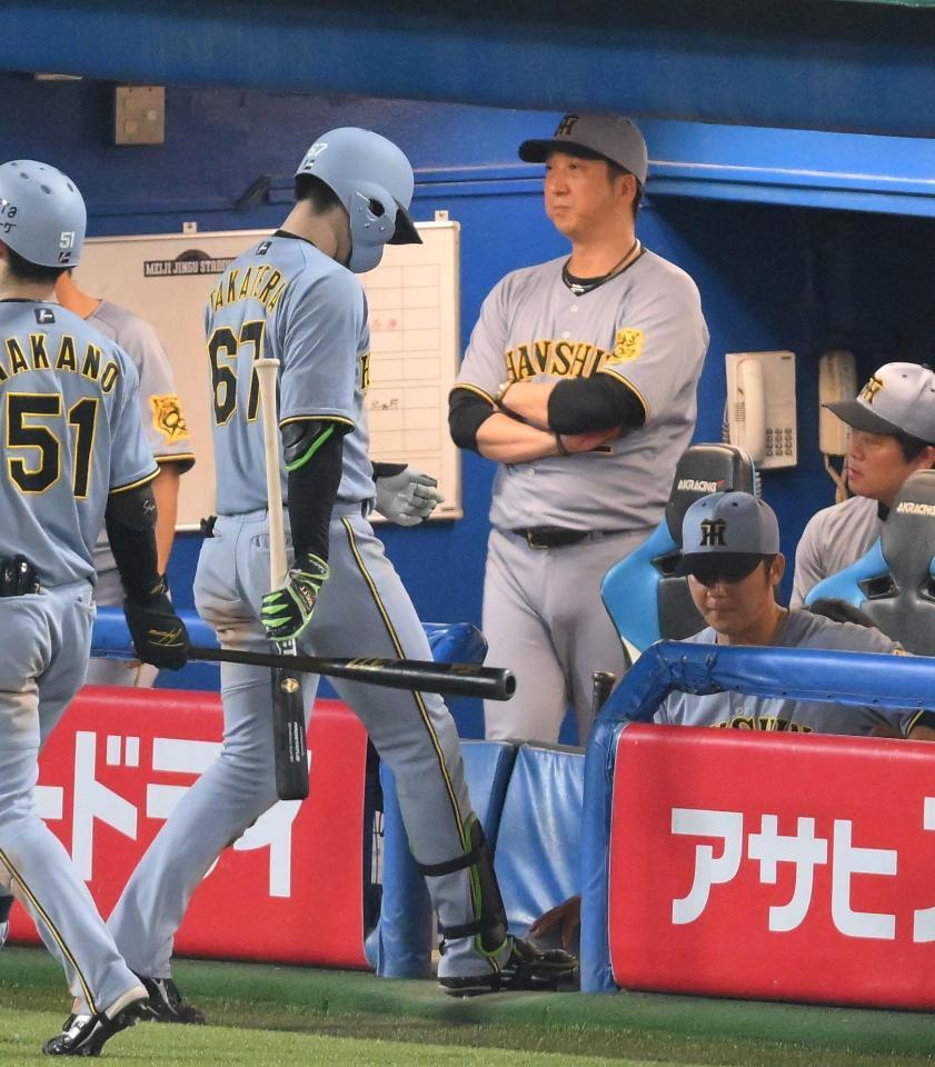 　１２回、高寺（左）が犠打失敗し、厳しい表情の藤川監督（撮影・伊藤笙子）