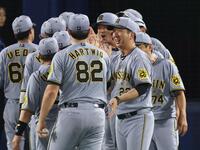 　ハートウィグを祝福する藤川監督（撮影・金田祐二）