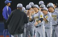 ナインを迎える藤川監督（撮影・金田祐二）