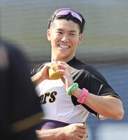 　１軍に合流した湯浅（撮影・田中太一）