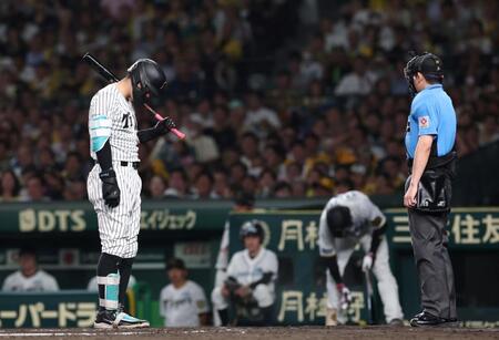 　６回、見逃し三振に倒れた佐藤輝（左）＝撮影・北村雅宏