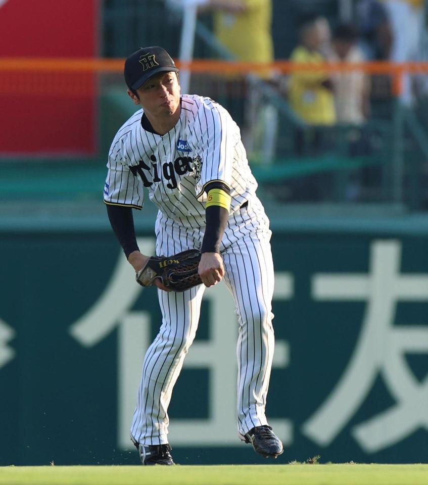 　シートノックで中堅手のポジションに就く近本（撮影・北村雅宏）