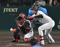 　５回、送りバントを決め、横川の野選を誘う才木（撮影・飯室逸平）