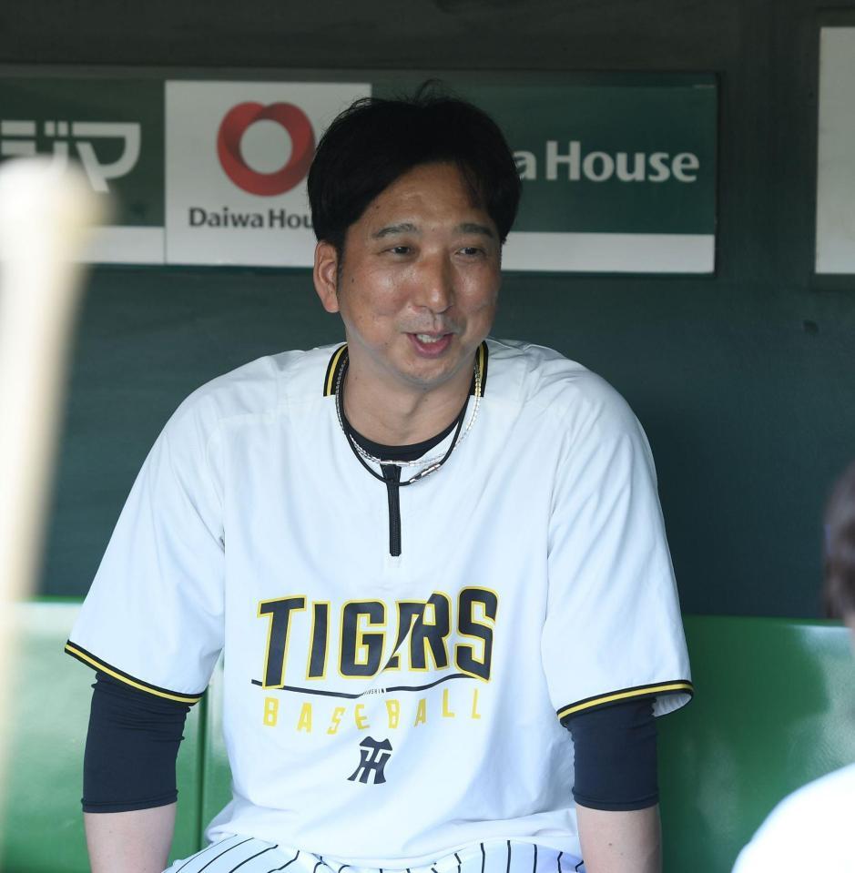 　ベンチで取材に応じる藤川監督（撮影・西田忠信）