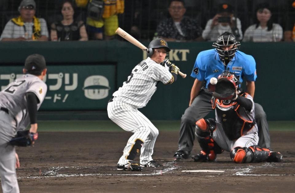 　３回、四球を選ぶ近本（撮影・飯室逸平）