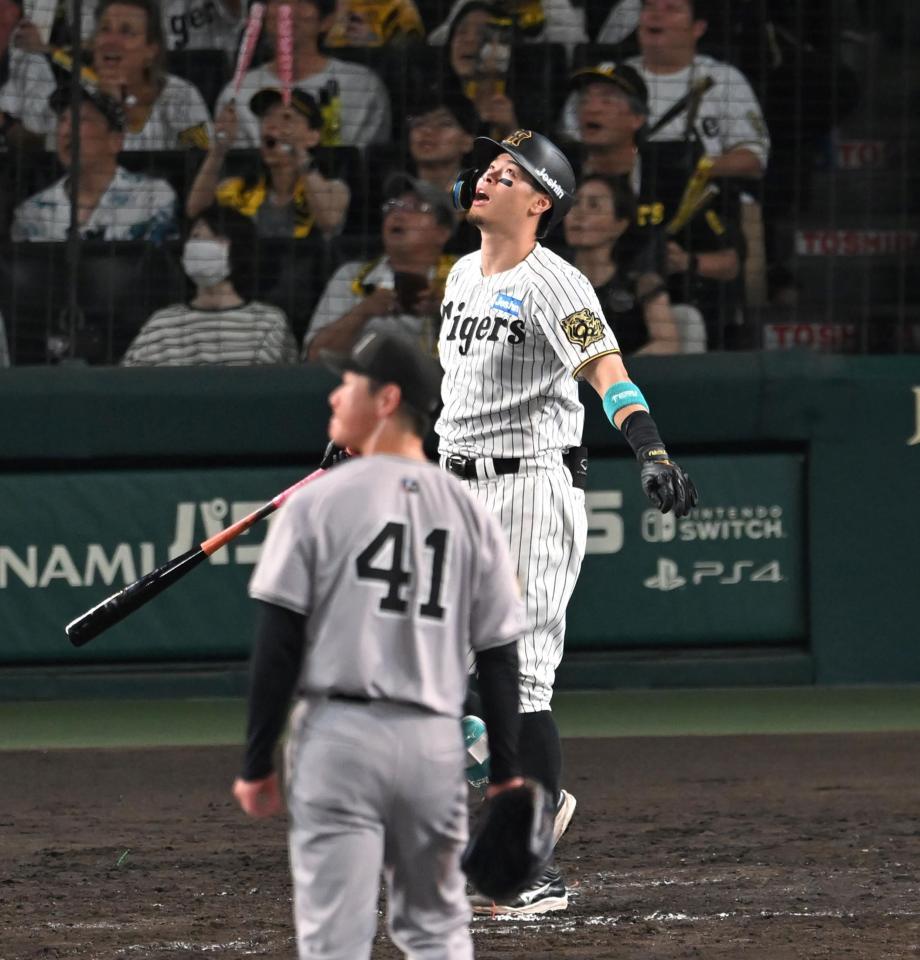 　７回、適時打二塁打を放ち打球を見つめる佐藤輝（撮影・飯室逸平）