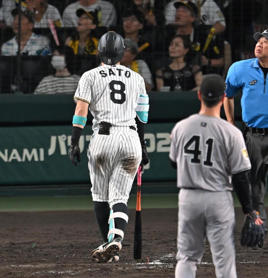 　７回、適時二塁打を放つ佐藤輝（撮影・飯室逸平）