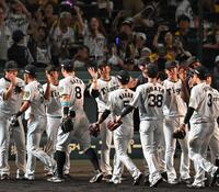 　ハイタッチでナインを迎える藤川監督（中央）＝撮影・飯室逸平