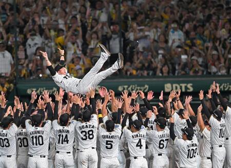 　優勝を決め、宙を舞う藤川監督（撮影・飯室逸平）