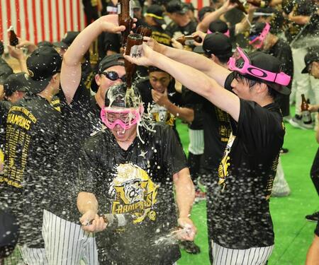 　ビールかけで盛り上がる梅野、才木ら（撮影・田中太一）