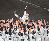 　胴上げされる藤川監督（撮影・金田祐二）