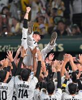 　優勝を決め、宙を舞う藤川監督（撮影・飯室逸平）