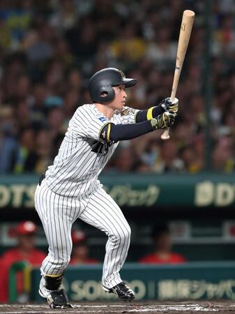 　６回、犠飛を放つ近本（撮影・北村雅宏）