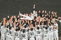 　就任１年目で優勝を果たし、宙を舞う藤川監督（撮影・西田忠信）