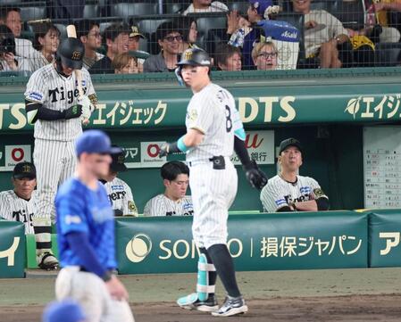 　７回、戦況を見守る藤川監督（右端）。手前は三邪飛に倒れベンチへ引き揚げる佐藤輝（撮影・立川洋一郎）